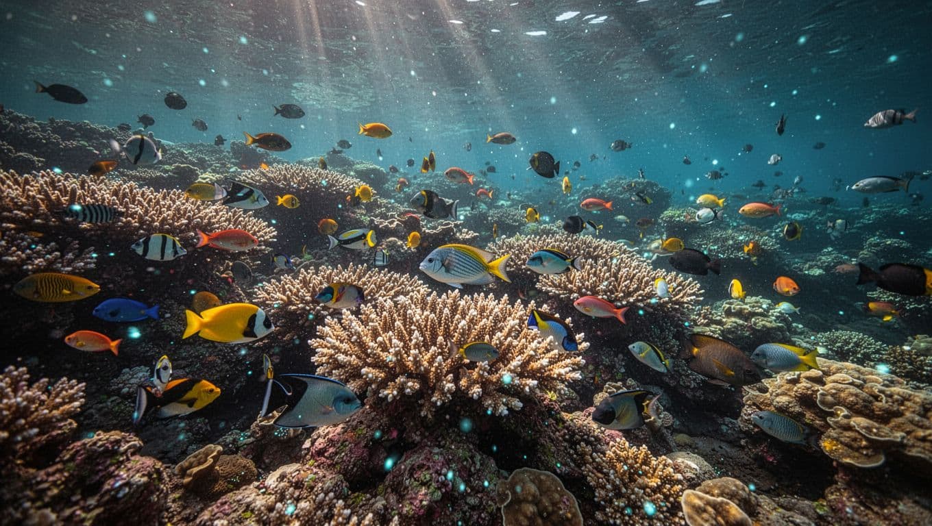 Sunlight rays pierce through the crystalline blue water of a Hawaiian reef, illuminating vibrant coral formations and schools of colorful tropical fish swimming near the intricate, branching structures on the seafloor.