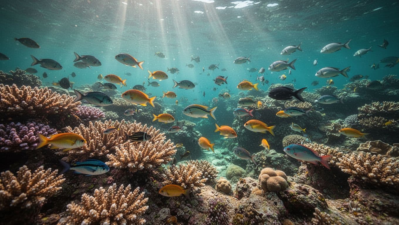 Bright tropical fish swim past a colorful coral reef in clear blue Hawaiian waters.