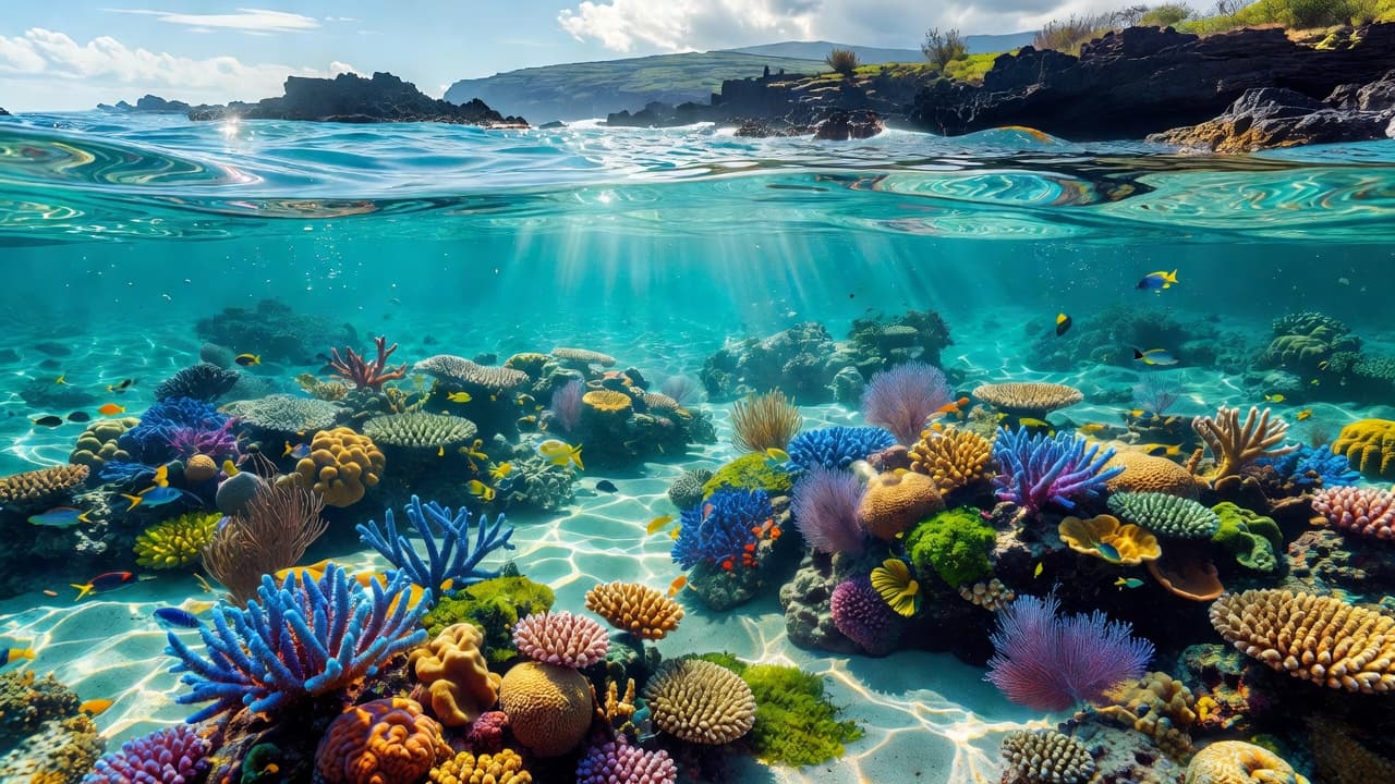 Sunlight filters through crystalline turquoise water onto a thriving coral reef. In the background, the dark jagged volcanic coastline of Hawaii rises sharply above the shallow tropical ocean depths.