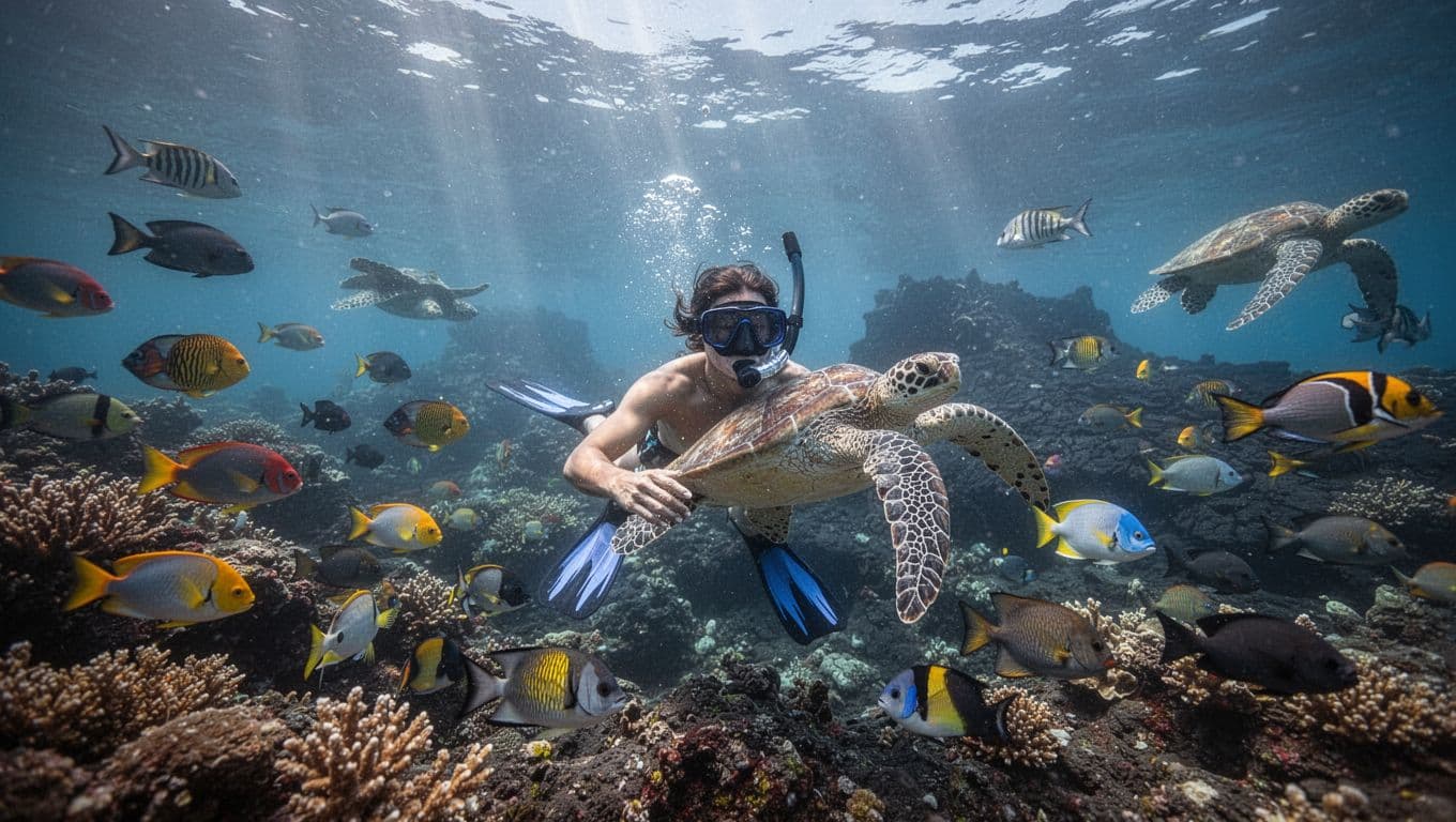Swim through a vibrant coral reef teeming with colorful tropical fish and sea turtles in clear Kona waters, with volcanic lava formations in the background and dynamic low-angle view toward surface light rays.
