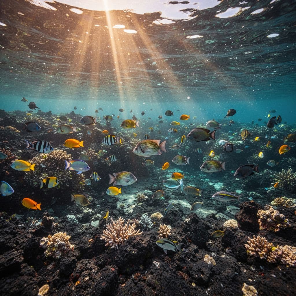 Sunlight penetrates the clear turquoise water of a volcanic coastline, illuminating vibrant tropical reef fish swimming among dark basalt rocks. The shallow seabed displays colorful coral textures beneath the sparkling surface.