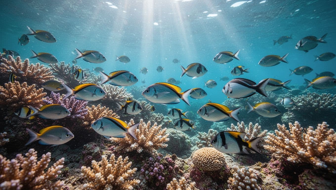 Vibrant yellow and blue tropical fish dart between intricate coral branches beneath the ocean surface. Radiant sunlight rays penetrate the clear water, illuminating the diverse textures of the seafloor ecosystem.