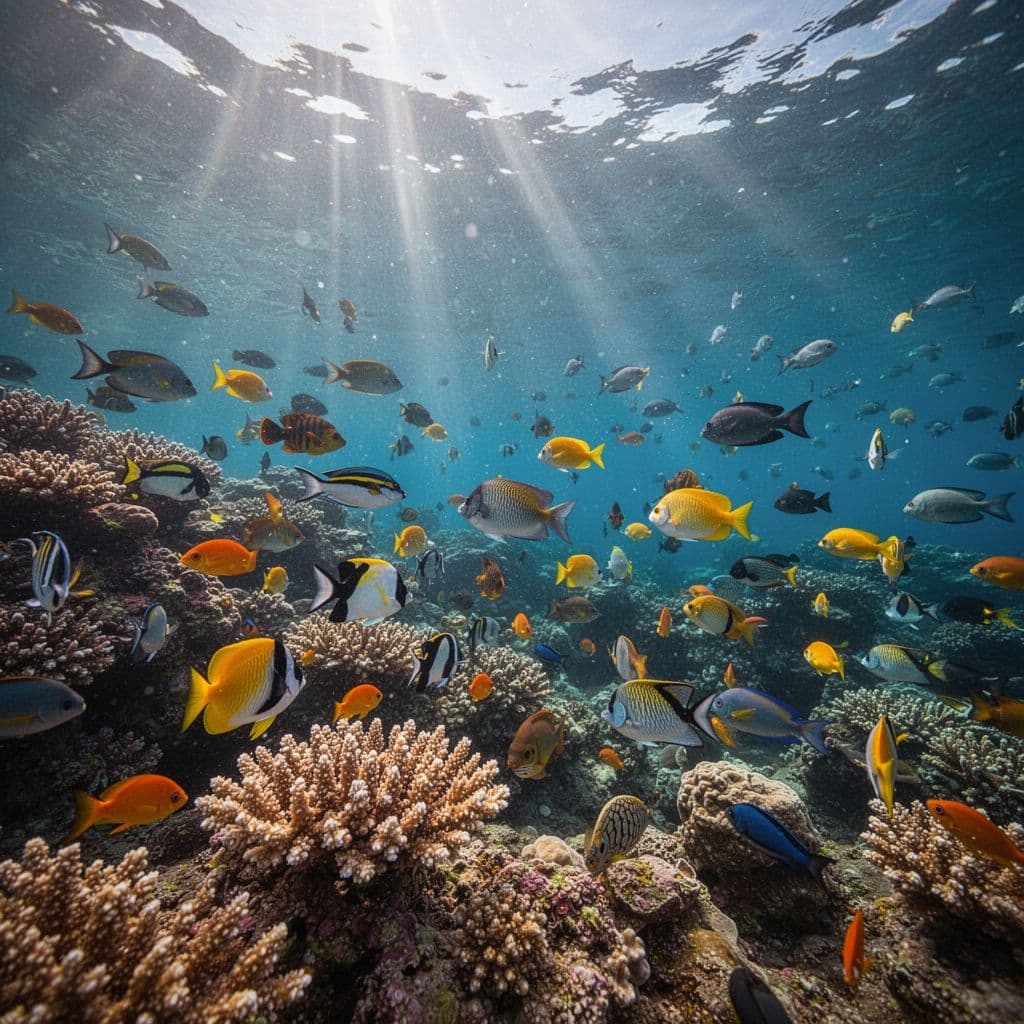 Sunlight streams through clear blue water onto a colorful coral reef teeming with tropical fish.
