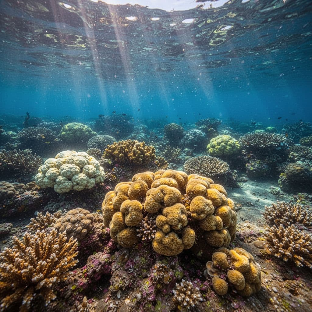 Sunlight rays pierce through crystal blue water to illuminate vibrant cauliflower and lobe coral formations scattered across the ocean floor. The perspective captures an immersive view from the snorkel surface level.