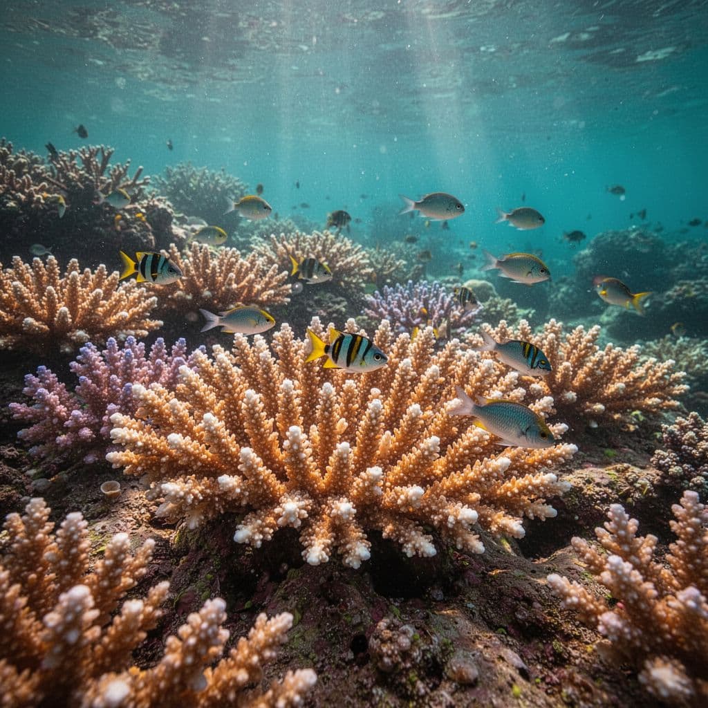 Colorful coral textures and small tropical fish swim in bright, clear reef water.