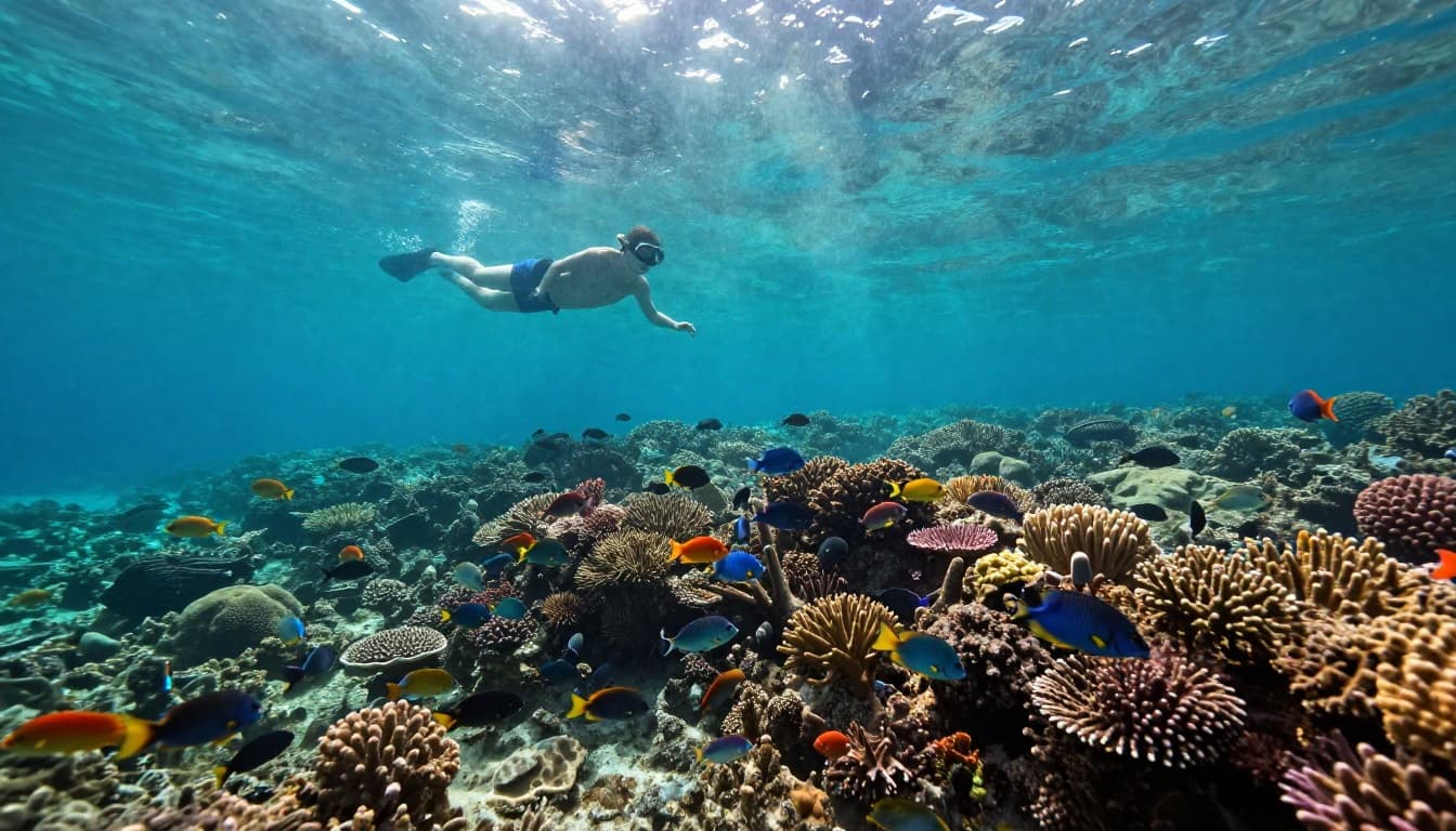 Underwater scene of a vibrant healthy Oahu coral reef teeming with colorful tropical fish, with a single snorkeler observing from a safe distance above without touching. Crystal clear turquoise waters feature sunlight rays piercing through in a cinematic style with strong contrast and dramatic lighting.