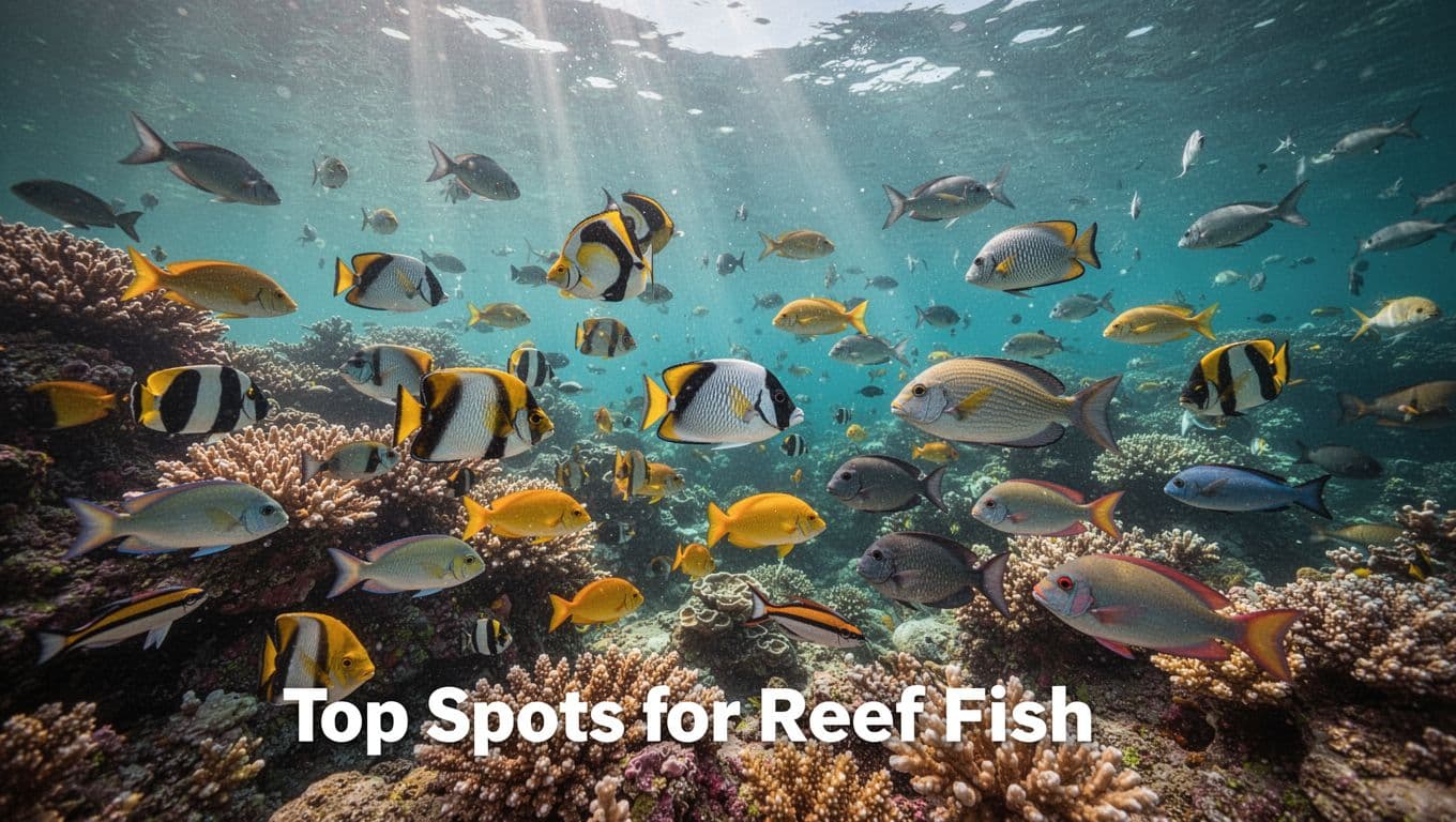 Colorful schools of tropical reef fish like butterflyfish, surgeonfish, and parrotfish swim around vibrant coral formations in clear turquoise Oahu waters with sunlight rays piercing the surface.