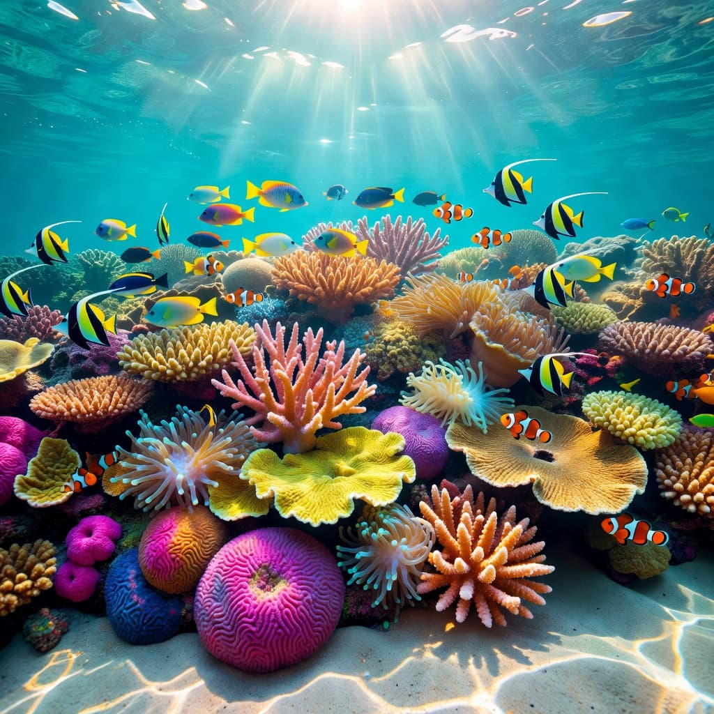 Sunlight filters through crystal clear Hawaiian water onto a vibrant coral reef teeming with exotic tropical fish. Intricate coral formations create a diverse underwater habitat beneath the bright, shimmering ocean surface.