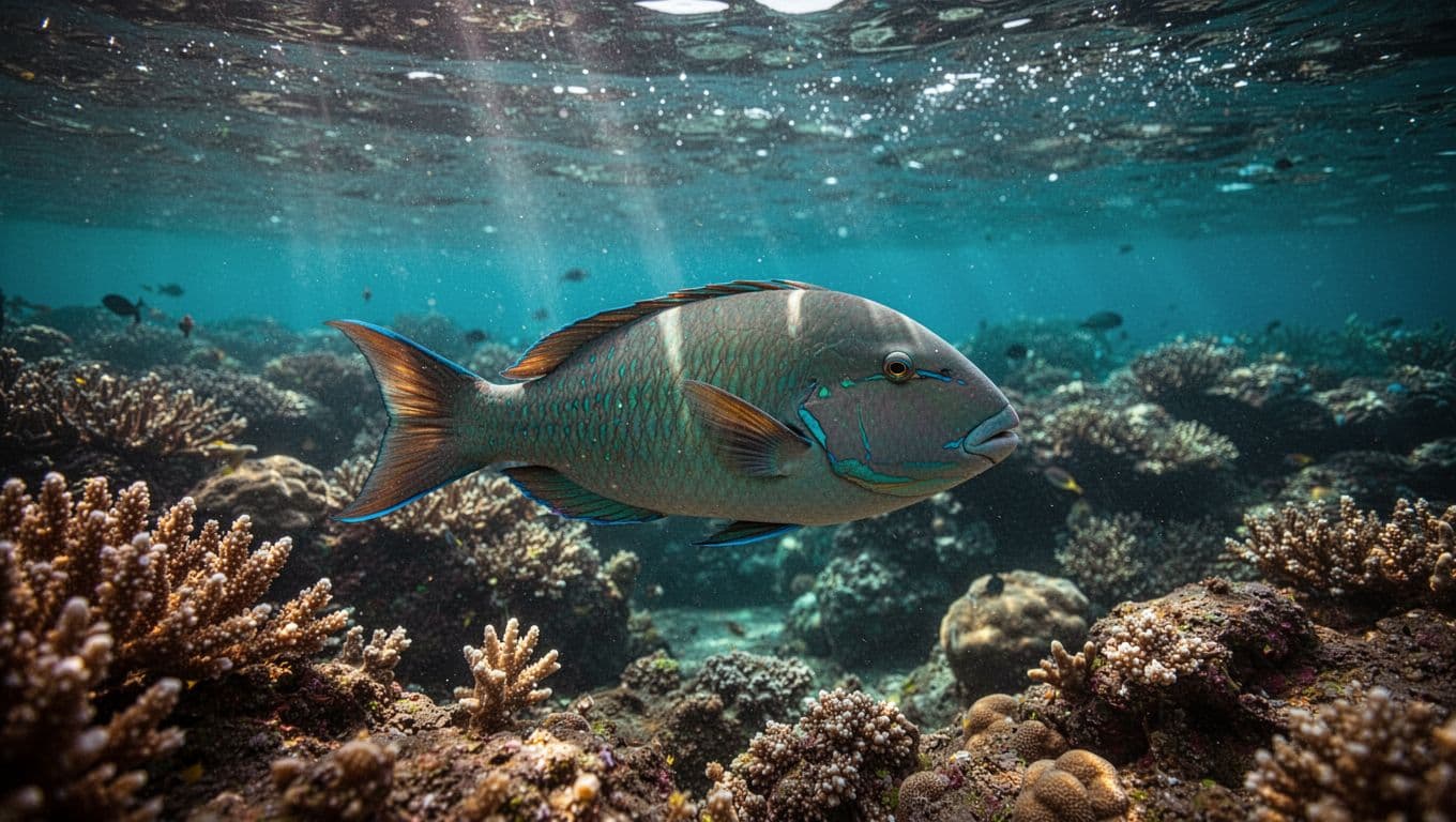 A single parrotfish with glowing, sparkling cyan scales swims gracefully past textured, branching coral formations. Intense underwater lighting highlights the deep blues of the ocean surrounding the reef in Kealakekua Bay.