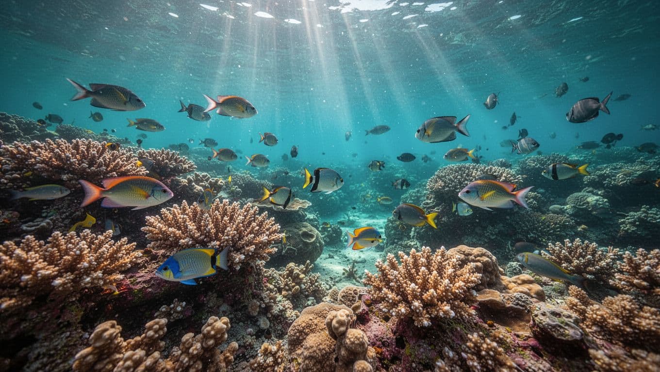 Sunlight streams into the clear turquoise water of Pawai Bay, illuminating a dense coral reef teeming with tropical fish. Intricate coral formations create a dramatic underwater landscape filled with sparkling blue light.