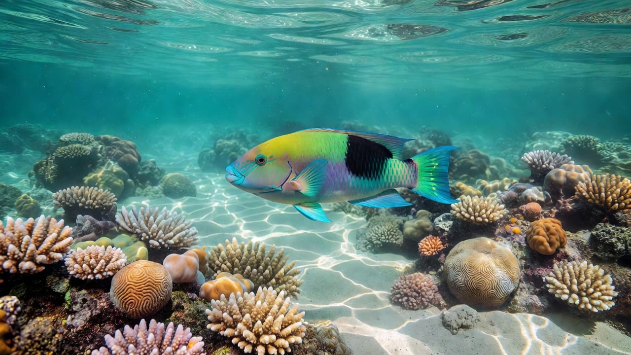 A colorful saddle wrasse swimming above a shallow coral reef in clear turquoise water.