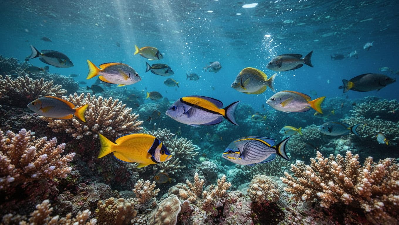 Diverse coral structures display brilliant colors while small tropical fish swim through clear blue currents. Sunlight filters downward to illuminate the intricate textures of the underwater ecosystem in great detail.