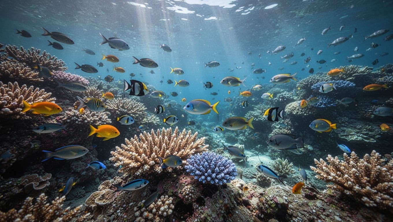 Tropical fish swim through a vibrant coral reef illuminated by sunlight filtering through the water.