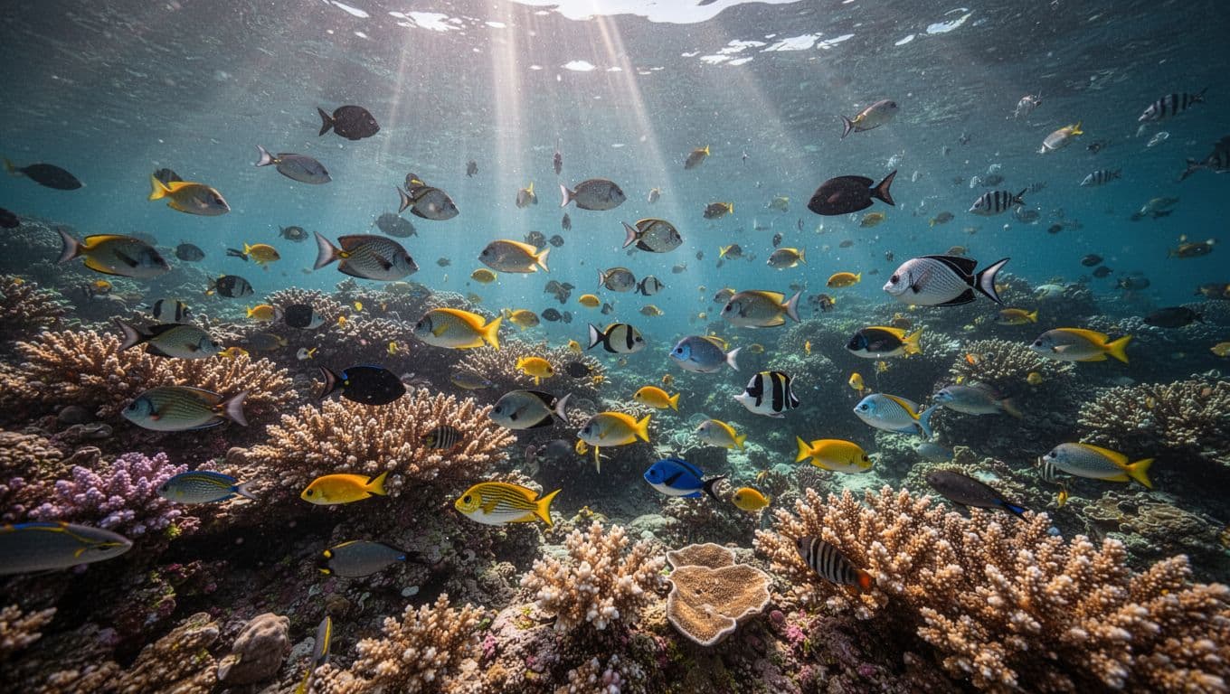 Sunlight filters through clear ocean water onto a colorful coral reef filled with tropical fish.