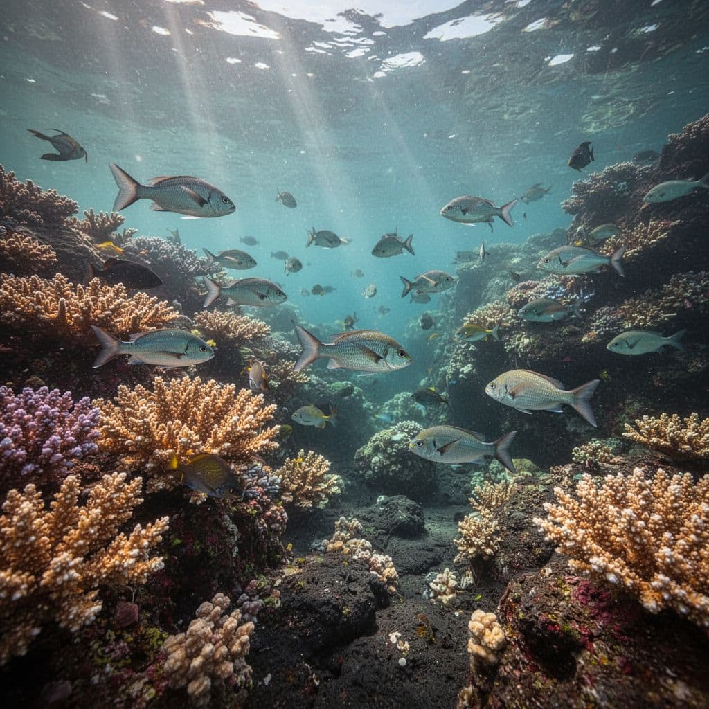 Sunlight filters through clear water over colorful coral formations and tropical fish in a rocky bay.