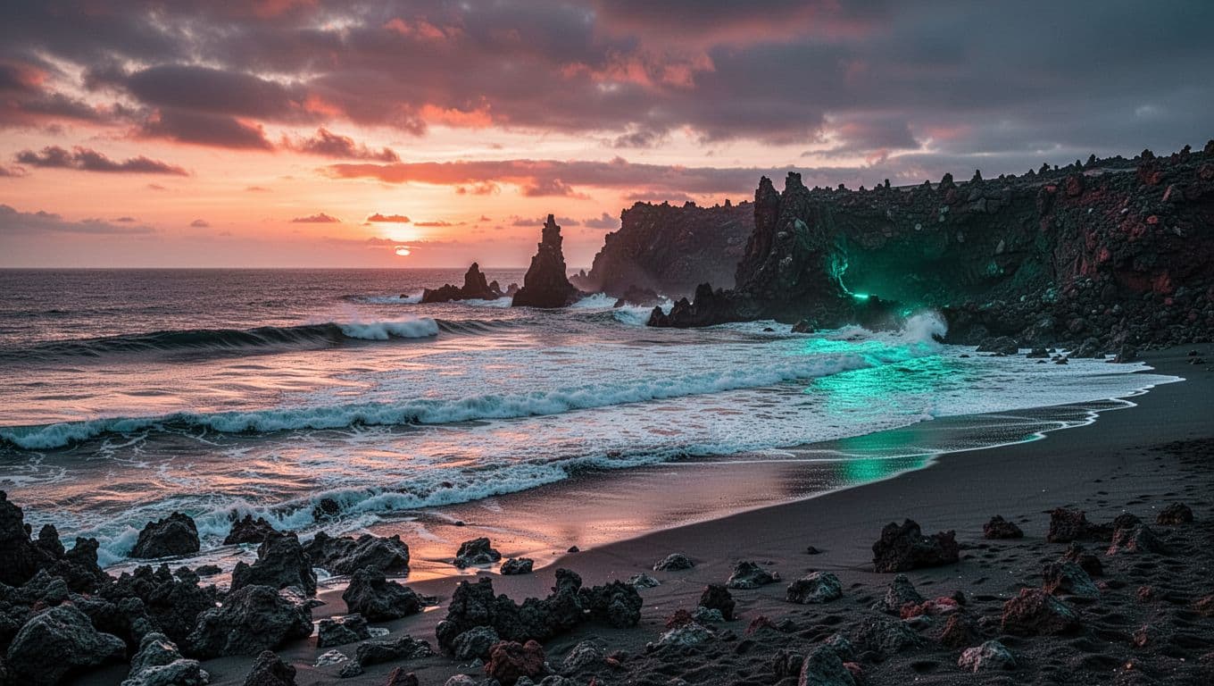 Gentle waves meet dark volcanic rocks beneath a glowing sunset.