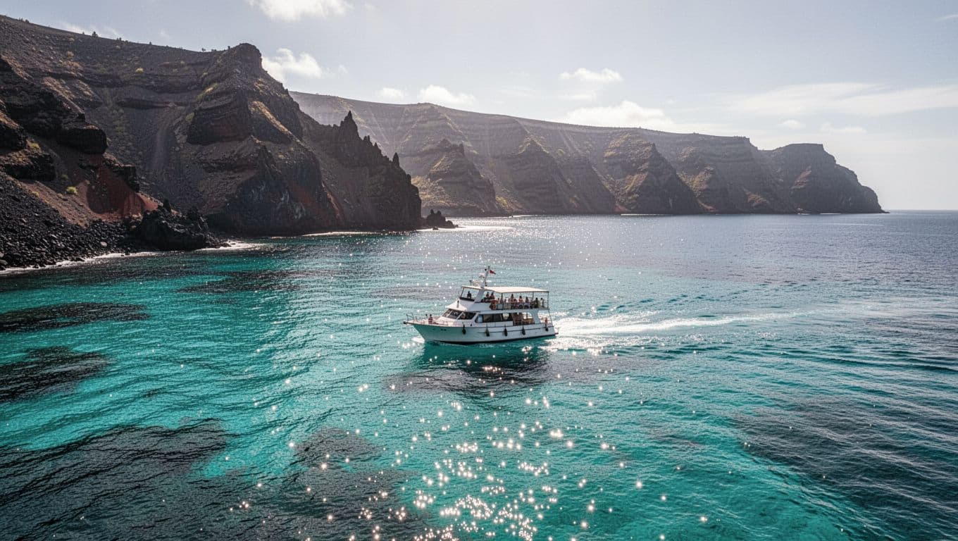 A white tour boat cruises on bright turquoise water near a volcanic coastline.