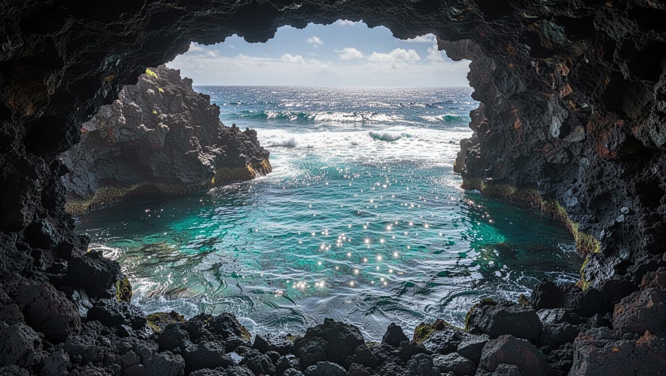 Jagged black volcanic rocks curve around a calm, cyan-tinted bay. In the distance, dark blue waves churn beyond the protective shoreline, highlighting the stark difference between the peaceful harbor and rough ocean.