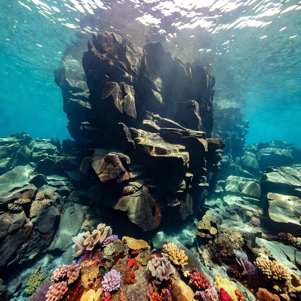 Dark volcanic rocks rising from the bottom of a clear blue ocean with coral visible in the foreground.