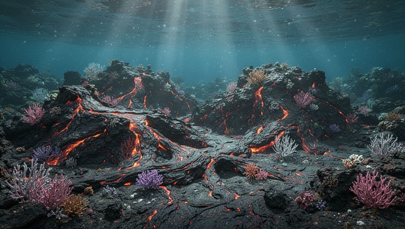 Sunlight rays pierce through deep blue water to illuminate jagged volcanic rock structures and vibrant coral reefs on the ocean floor. The scene captures the raw, rugged beauty of Pawai Bay.