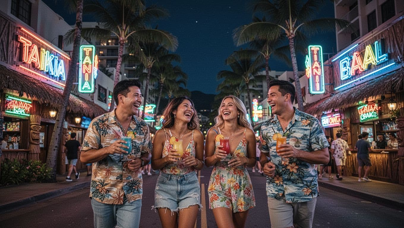 Four friends laugh with tropical drinks on bustling Waikiki street amid neon tiki bars and palms.