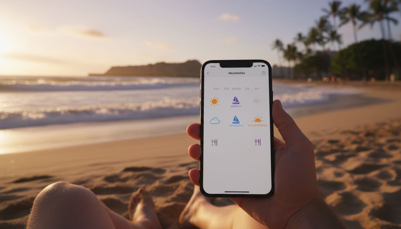 Hand holds smartphone with boat tour times and dinner icons on calendar, Waikiki beach background with waves and palms.