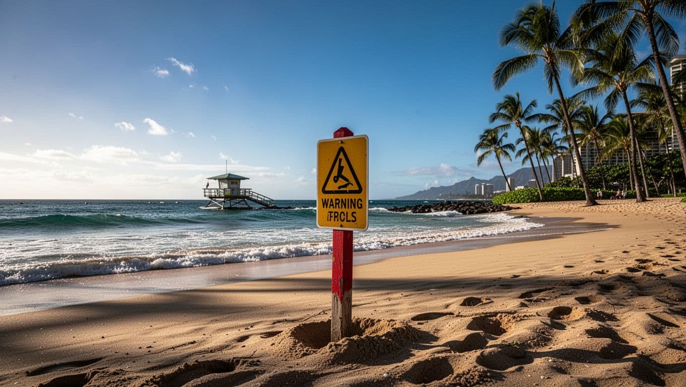 Box jellyfish warning sign on Waikiki beach near ocean waves, lifeguard tower, palm trees, and blue sky.