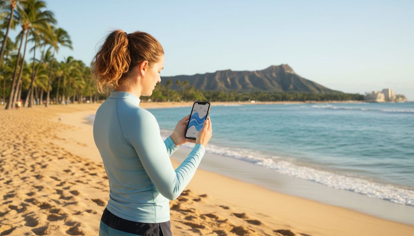 A relaxed person stands at Waikiki beach, holding a smartphone at eye level to check a simple blue wavy tide graph app, with ocean waves and palm trees in the sunny morning background.