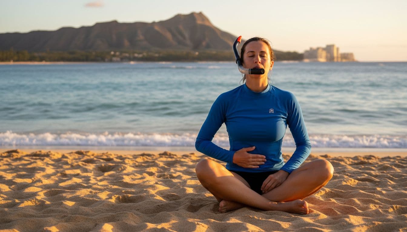 A single person seated comfortably on the sandy Waikiki beach practices snorkel breathing on dry land with a snorkel mouthpiece, taking slow deep breaths with a relaxed expression, ocean waves and Diamond Head in the background under golden hour light.