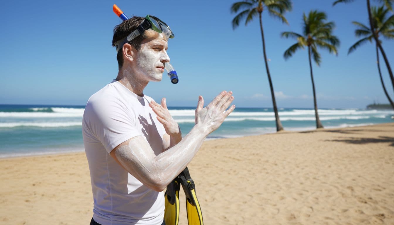 A snorkeler stands on sunny Waikiki beach applying white reef-safe sunscreen generously to arms, neck, and face with relaxed pose, ocean waves and palm trees in background.
