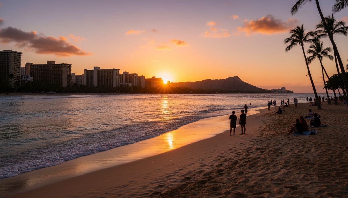 Waikiki Beach shoreline at sunset with silhouetted palm trees, high-rise hotels, crowds on golden sand watching the sun set over the ocean, Diamond Head crater in distance.