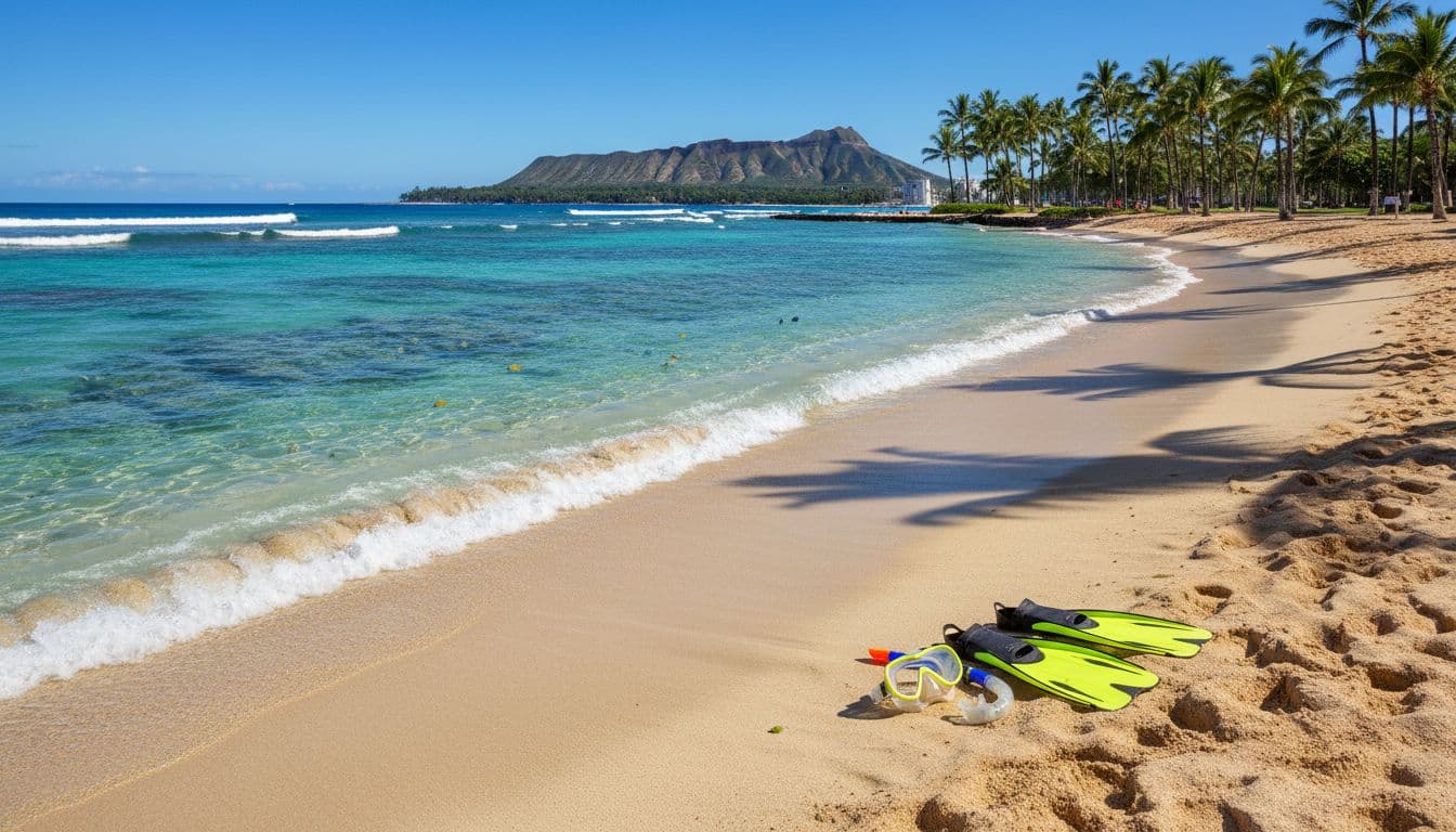 Turquoise ocean waves gently lap at Waikiki beach shore, with clear water revealing coral below and snorkel gear on golden sand. Palm trees frame the background with distant Diamond Head volcano on a bright sunny day.