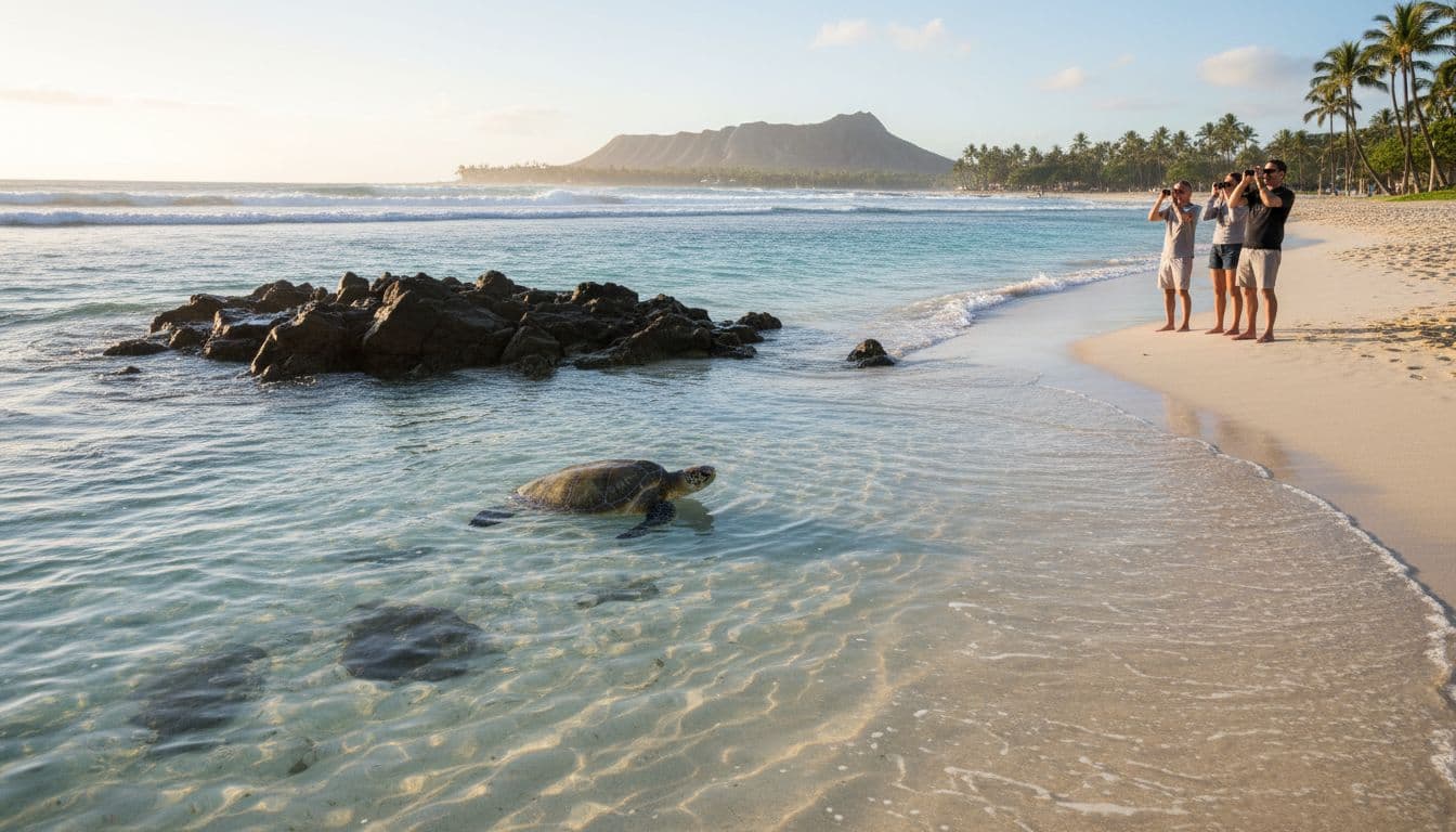 Serene morning view from Waikiki beach shoreline featuring a Hawaiian green sea turtle surfacing near rocks amid gentle waves in clear water, with few people watching using binoculars.