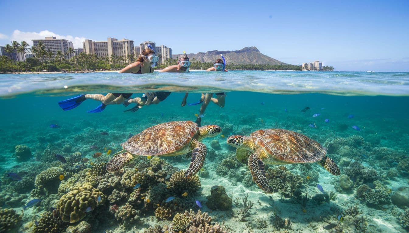 Three beginner snorkelers in masks and fins swim gently in calm, shallow turquoise waters off Oahu's South Shore near Waikiki, alongside Hawaiian green sea turtles, colorful coral reefs, and vibrant tropical fish on a bright sunny day.