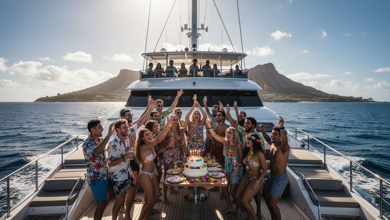 A group of happy friends laughs together on a spacious double-decker boat near Waikiki. Diamond Head crater stands prominently under a clear blue sky, capturing a joyful seaside birthday party scene.