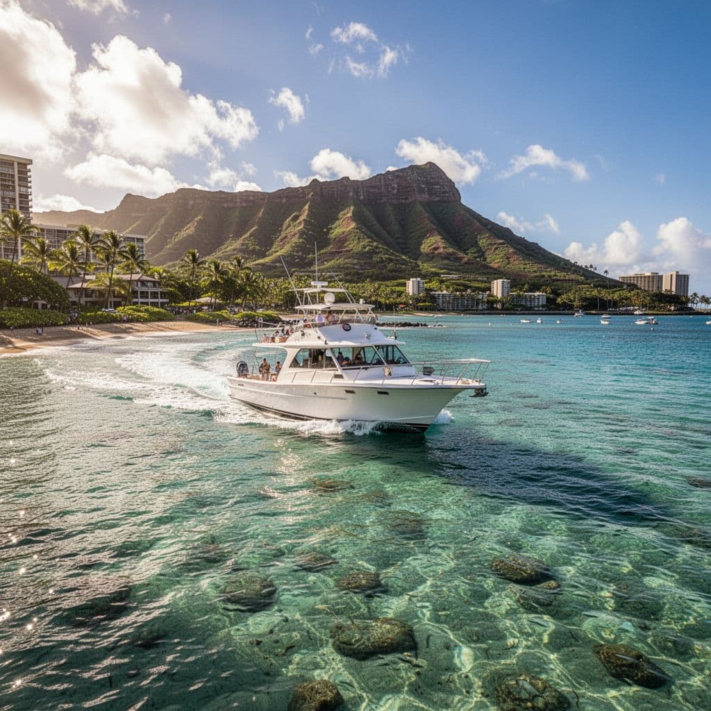 Boat cruises along Waikiki coastline with Diamond Head in background on sunny day.