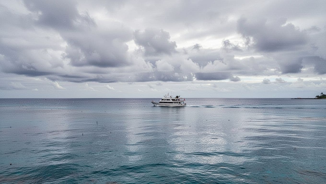 A distant boat moves through deep blue water off the Waikiki coastline under a heavy, overcast sky. Muted grey clouds create a dramatic, peaceful atmosphere with high-contrast reflections on the ocean.