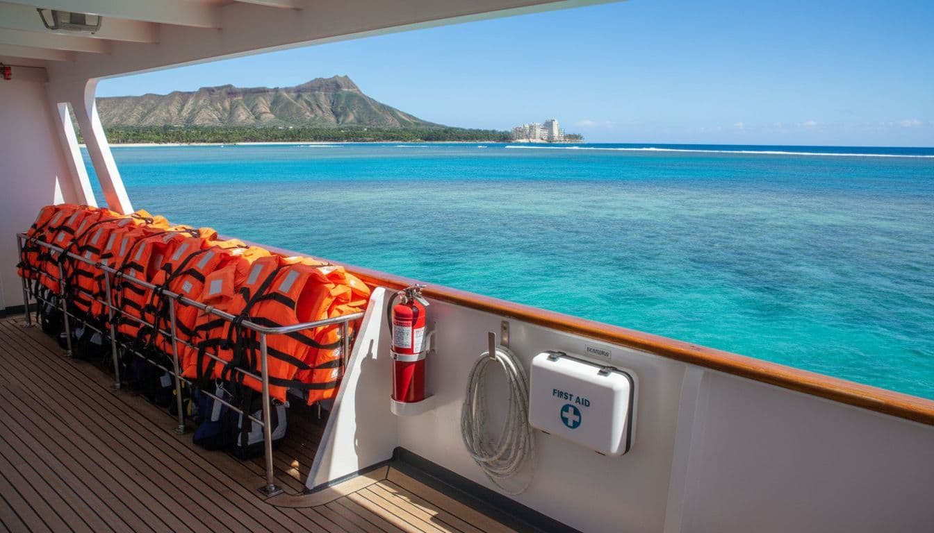 Calm ocean scene from Waikiki boat deck showing neatly stored life jackets and emergency equipment, with clear blue water and Diamond Head view on a sunny day.