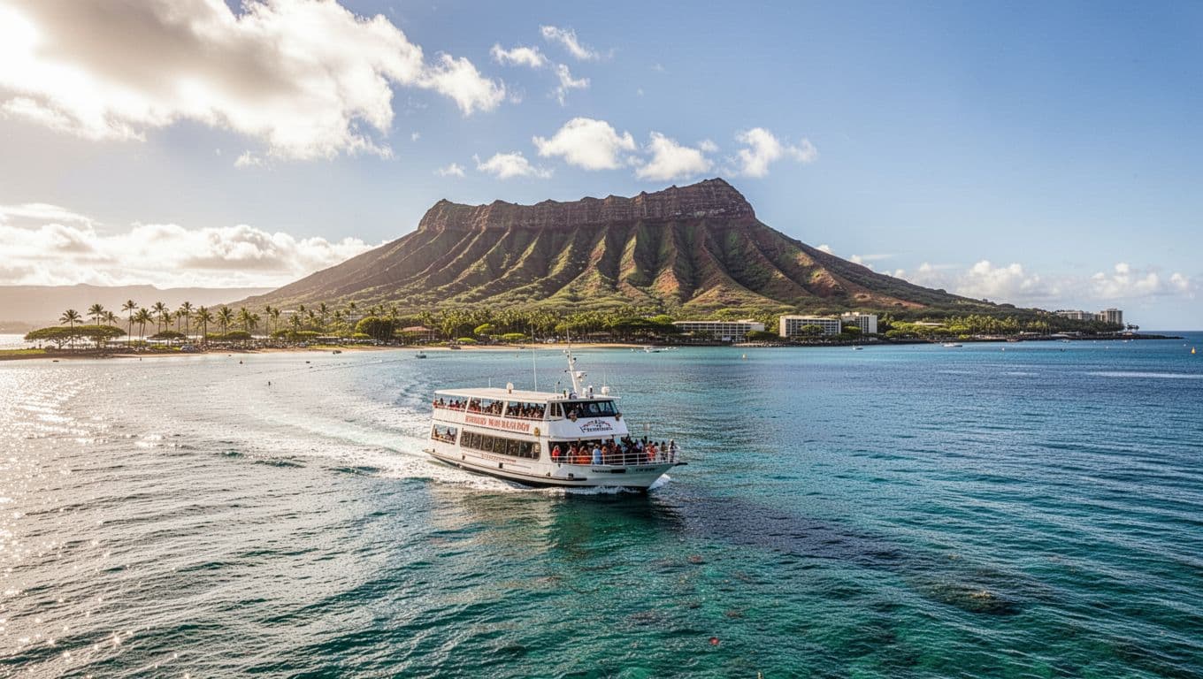 A white passenger vessel glides across vibrant blue ocean waters toward the horizon. In the far distance, the rugged volcanic slopes of Diamond Head crater rise against a clear, sunny sky.