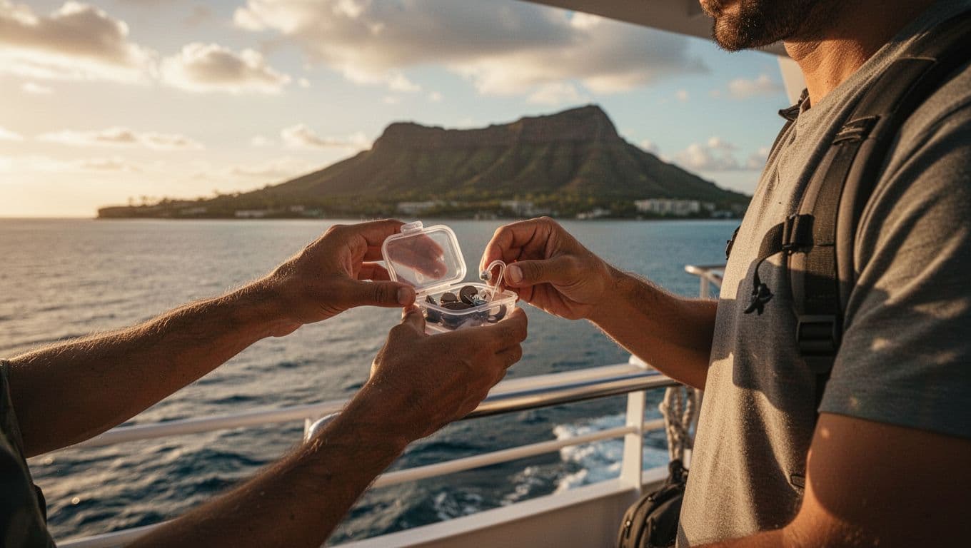 Guest in shaded area of double-decker boat near Diamond Head places hearing aids into waterproof case amid calm waters.