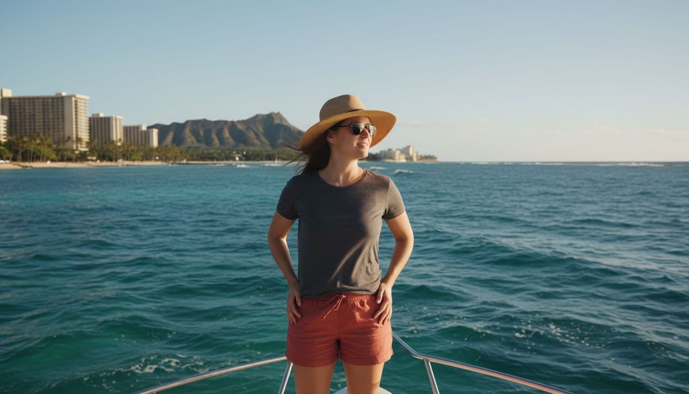 A relaxed person stands on the bow of a boat off Waikiki, gazing at the horizon to prevent seasickness, with sunglasses, hat, blue ocean, and Diamond Head in the distance on a sunny afternoon.