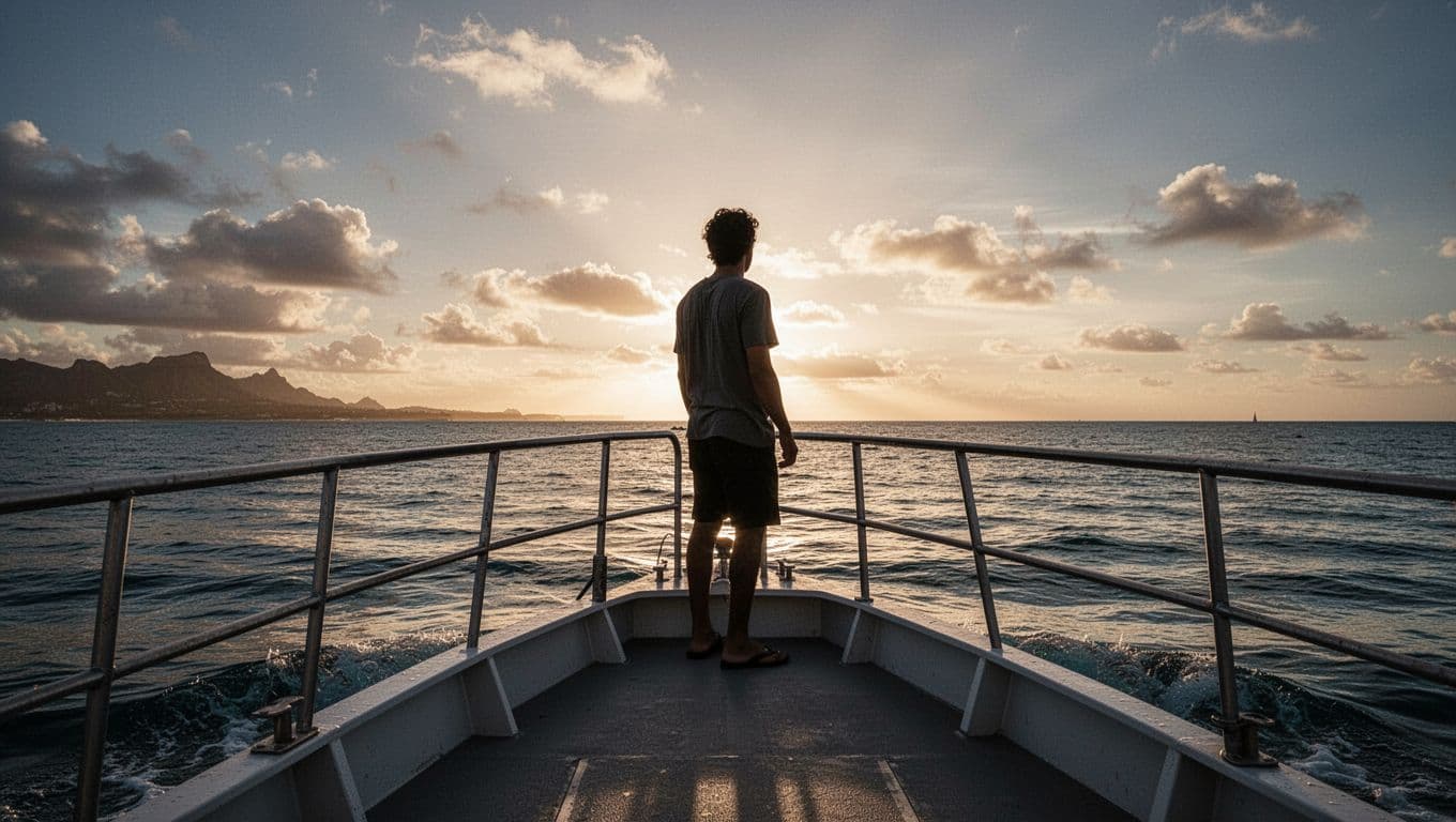 Person stands on upper boat deck with hands on railing, looking at distant horizon over calm Waikiki sea.
