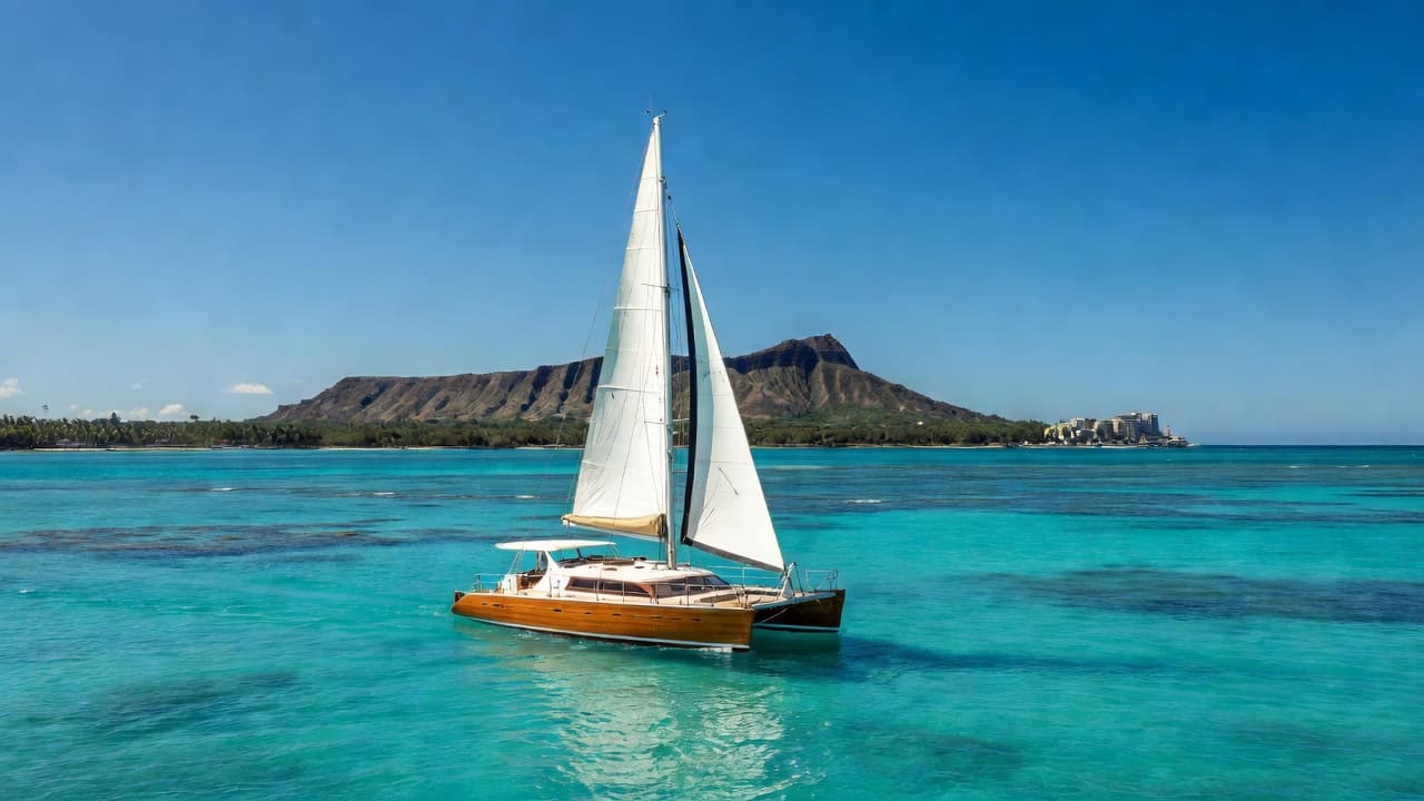 A sleek white sailboat cuts across the crystal clear blue waters near the Hawaiian shoreline. In the distance, the iconic Diamond Head crater stands prominently against a bright, cloudless sunny sky.