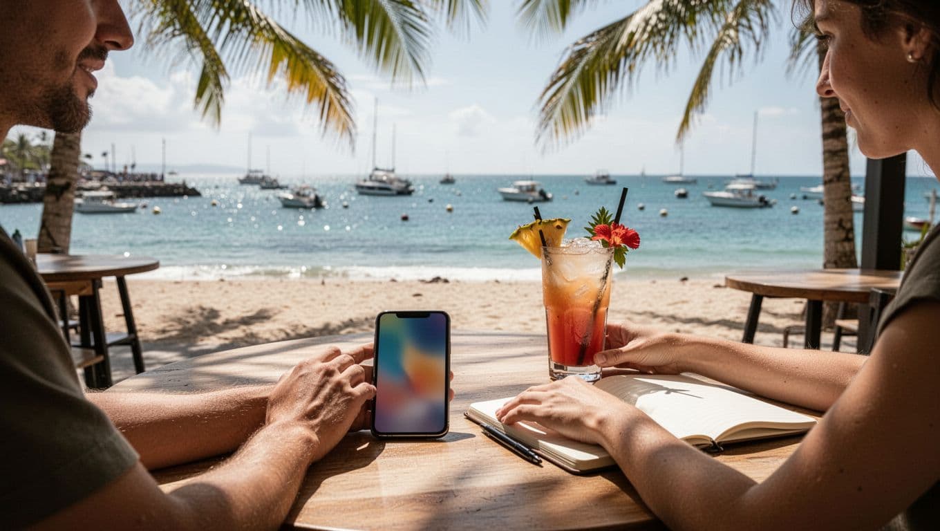 A person sits relaxed at a sunny beachside cafe overlooking Kewalo Basin Harbor with docked Waikiki boats, checking a blurred calendar on their smartphone for boat tour dates, with a tropical drink and notebook nearby.