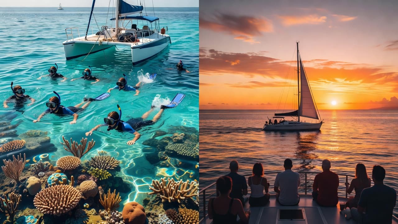 A split composition displays vibrant daylight snorkeling over turquoise coral reefs on the left, while the right side captures a serene sailing boat cruising toward a radiant orange sunset horizon.