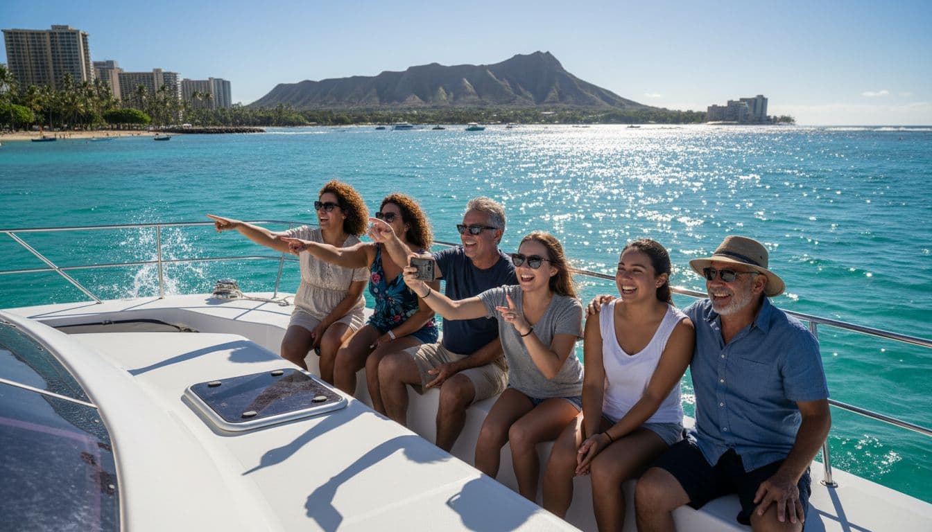 Five diverse tourists smile while relaxing on a boat deck surrounded by bright turquoise Hawaiian waters. The iconic silhouette of Diamond Head crater rises prominently under the clear blue tropical sky.