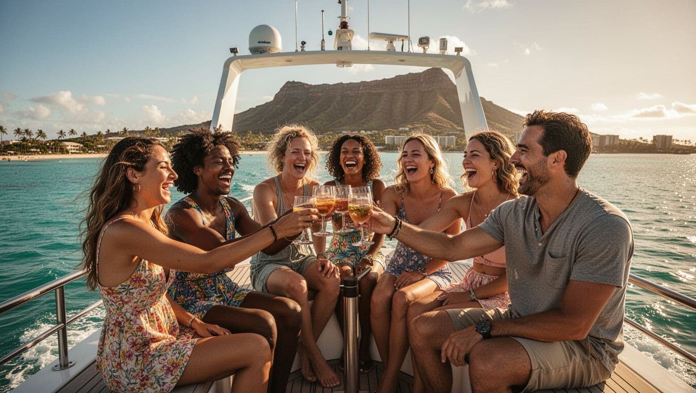 Group of six diverse friends aged 20s-30s laughing and toasting drinks on upper deck of double-decker powerboat off Waikiki Beach, Diamond Head volcano in background under golden afternoon light.