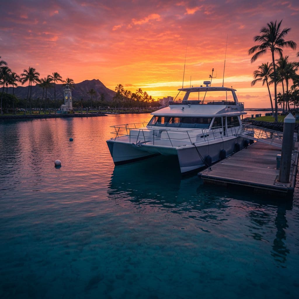 A sleek double-decker boat sits docked in clear water at a Waikiki harbor during a golden sunset.