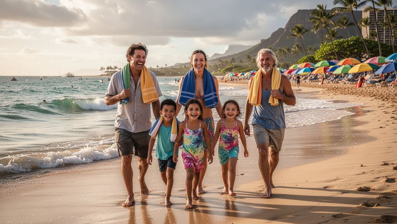 A joyful group of three adults and two kids, towels draped over shoulders, walks relaxed and smiling along Waikiki beach after an ocean boat tour, eagerly preparing for a luau with waves, umbrellas, and warm late afternoon light in the background.