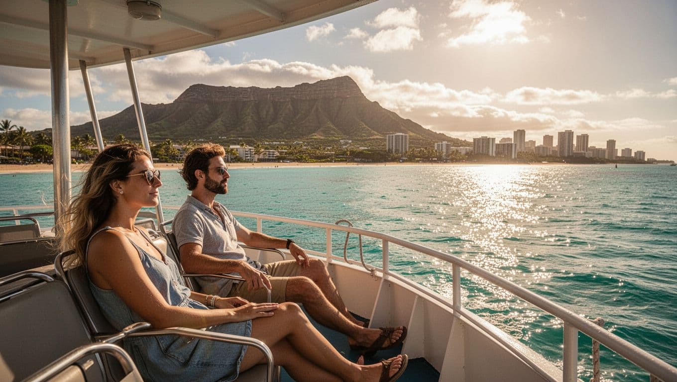 Panoramic ocean view from a double-decker boat off Waikiki Beach, with turquoise waters sparkling in golden hour sunlight, Diamond Head volcano, and distant Honolulu skyline, featuring exactly three relaxed passengers on the upper deck.